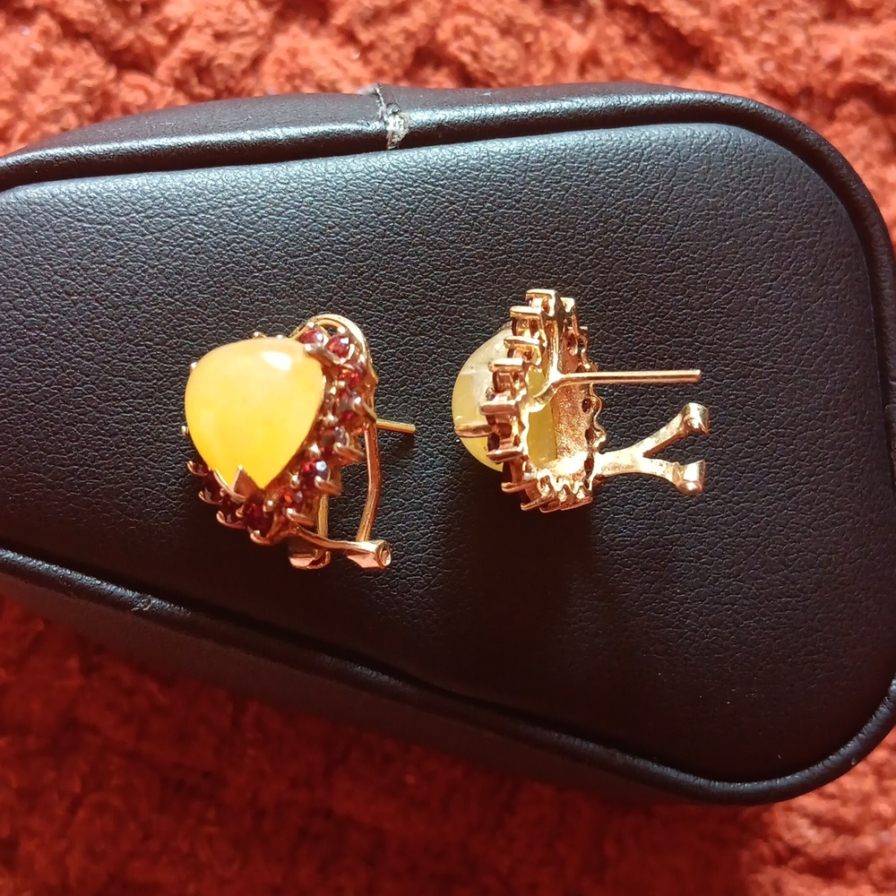 Yellow Jade and Red Heart Shaped Vintage Earrings